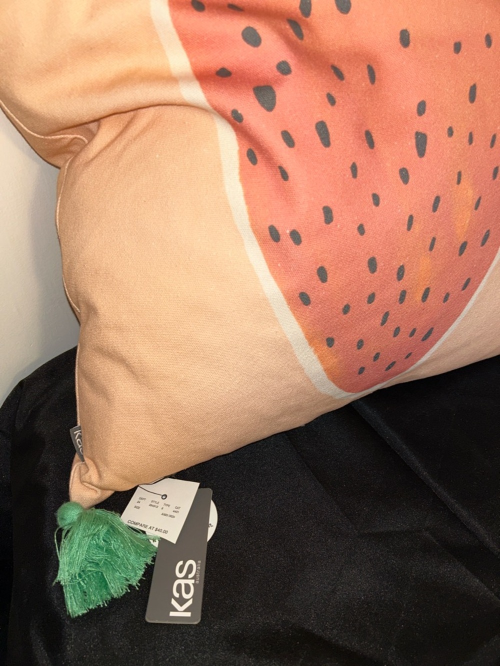 KAS Strawberry Print Decorative Pillow in Peach & Coral with Green Tassel